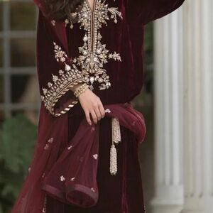 Embroidered Velvet Pakistani/Indian Dress with Gold Accents